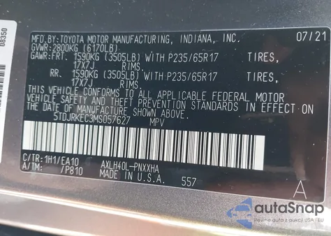 2021 Toyota Sienna Xle from USA, damaged, VIN 5TDJRKEC3MS057627